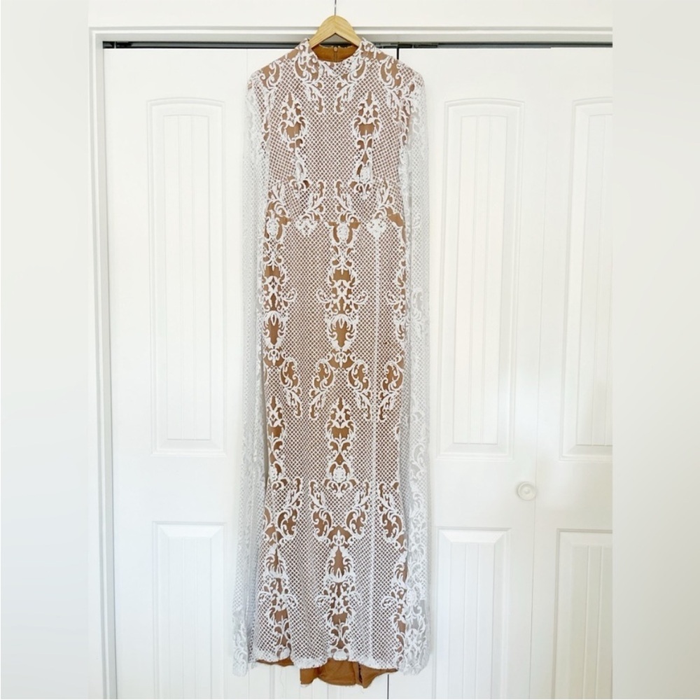 Portia and Scarlett Glitter Lace Mockneck Floor Length Bat Sleeve Evening Dress - Picture 5 of 15